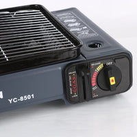 Portable Gas Stove Burner Butane BBQ Camping Gas Cooker With Non Stick Plate Black with Fish Pan and Lid