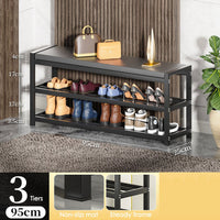 3 Tiers 65cm Width Sturdy Steel Multi-layer Shoe Rack with Bench Entryway Shoe Storage Organizer