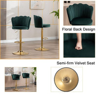 Swivel Bar Stools Bar Height Set of 2 Adjustable Upholstered Counter Barstool Velvet Bar Chairs with Back/Gold Base for Kitchen Island/Bar/Cafe-Emerald Green