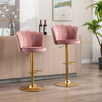 Swivel Bar Stools Bar Height Set of 2 Adjustable Upholstered Counter Barstool Velvet Bar Chairs with Back/Gold Base for Kitchen Island/Bar/Cafe-Pink
