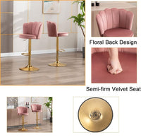 Swivel Bar Stools Bar Height Set of 2 Adjustable Upholstered Counter Barstool Velvet Bar Chairs with Back/Gold Base for Kitchen Island/Bar/Cafe-Pink