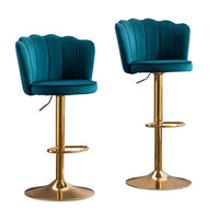 Swivel Bar Stools Bar Height Set of 2 Adjustable Upholstered Counter Barstool Velvet Bar Chairs with Back/Gold Base for Kitchen Island/Bar/Cafe-Teal Blue