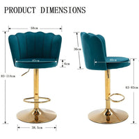 Swivel Bar Stools Bar Height Set of 2 Adjustable Upholstered Counter Barstool Velvet Bar Chairs with Back/Gold Base for Kitchen Island/Bar/Cafe-Teal Blue