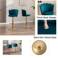 Swivel Bar Stools Bar Height Set of 2 Adjustable Upholstered Counter Barstool Velvet Bar Chairs with Back/Gold Base for Kitchen Island/Bar/Cafe-Teal Blue