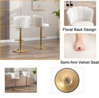 Swivel Bar Stools Bar Height Set of 2 Adjustable Upholstered Counter Barstool Velvet Bar Chairs with Back/Gold Base for Kitchen Island/Bar/Cafe-White