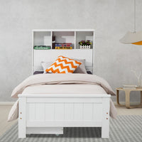 Single Size Solid Pine Timber Bed Frame with Bookshelf Headboard- White