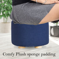 2X Fabric Ottoman Round Wooden Leg Foot Stool - DARK BLUE