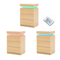 2X Bedside Table 3 Drawers RGB LED Bedroom Cabinet Nightstand Gloss GLORY OAK