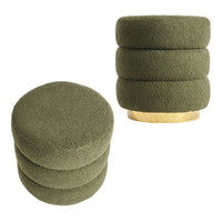 2X Round Stacked Ottoman Stool Teddy Fleece Fabric Foot Rest 38cm GREEN