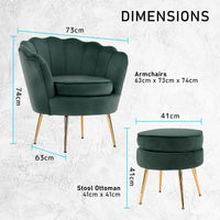 Armchair Lounge Chair Accent Velvet Shell Scallop + Ottoman Footstool Round GREEN