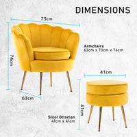 Armchair Lounge Chair Accent Velvet Shell Scallop + Round Ottoman Footstool YELLOW