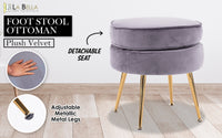 Ottoman Foot Stool Velvet Fabric Metal Leg Round GREY