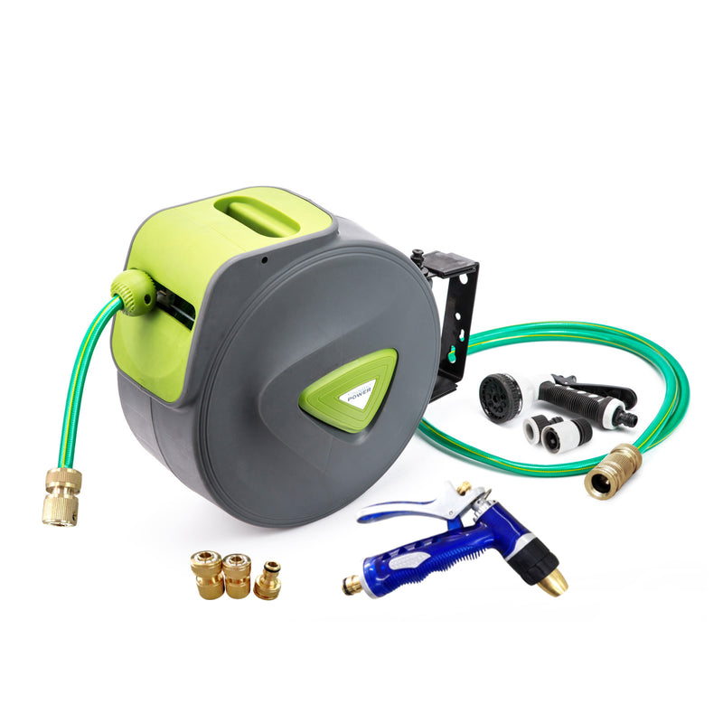 Garden Water Hose Retractable Rewind Reel Wall Mounted 30M + Brass Gun Kings Warehouse Australia