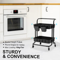 Trolley Cart Storage Utility Rack Shelf Organiser Swivel Kitchen 2 Tier BLACK