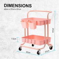 Trolley Cart Storage Utility Rack Shelf Organiser Swivel Kitchen 2 Tier PINK