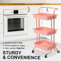 Trolley Cart Storage Utility Rack Shelf Organiser Swivel Kitchen 3 Tier PINK