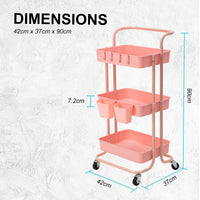 Trolley Cart Storage Utility Rack Shelf Organiser Swivel Kitchen 3 Tier PINK