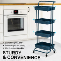 Trolley Cart Storage Utility Rack Shelf Organiser Swivel Kitchen 4 Tier BLUE