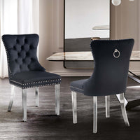 Set of 2 -Alsea Black Velvet &  Silver Steel Dining Chairs Upholstered Tufted Stud Trim and Ring