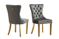 Set of 2 -Alsea Dark Grey Velvet & Gold Polished Steel Dining Chairs Upholstered Tufted Stud Trim and Ring