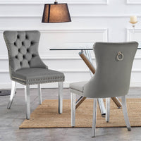 Set of 2 -Alsea Dark Grey Velvet & Silver Steel Dining Chairs Upholstered Tufted Stud Trim and Ring