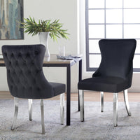 Paris Black Velvet  & Silver Polished Steel Upholstered Dining Chairs Tufted Back - Set of 2
