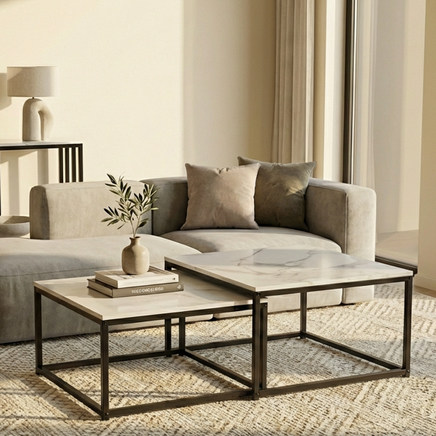 Interior Ave - Ciest Square Nested Coffee Table Set - White Marble Stone