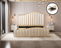 Elegant Luxury King Size Bedframe in Beige with Gas Lift Storage Velvet Fabric Golden Trim