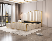 Elegant Luxury King Size Bedframe in Beige with Gas Lift Storage Velvet Fabric Golden Trim