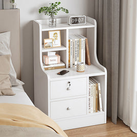 White Nightstand Security Drawer Open Shelf Storage Tray Wooden Knob Minimalist