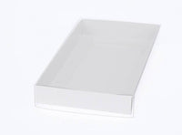 100 Pack of White Card Square Box - Clear Slide On Lid - 20 x 20 x 8cm -  Large Beauty Product Gift Giving Hamper Tray Merch Fashion Cake Sweets Xmas