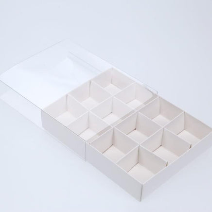 50 Pack of White Card Chocolate Sweet Soap Product Retail Gift Box - 12 bay 4x4x3cm Compartments  - Clear Slide On Lid - 16x12x3cm