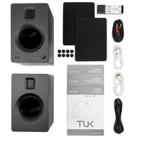 Kanto TUK 260W Powered Bookshelf Speakers with Headphone Out, USB Input, Dedicated Phono Pre-amp, Bluetooth - Pair, Matte Black with SE6 Black Stand Bundle