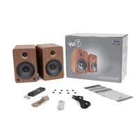 Kanto YU6 200W Powered Bookshelf Speakers with Bluetooth and Phono Preamp - Pair, Walnut with SX22 Black Stand Bundle