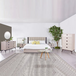 Queen 4 Pcs Bedroom Suite with Tallboy Fabric Upholstery MDF Combination of Champagne and Black Colour