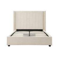 King Size High Rise Headboard Linen Beige Fabric Four MDF Drawers with Wheels Bed Frame