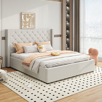 Veronica Bed Frame King Size Winged Grey Linen Fabric Seam Grid Pattern with gas lift plywood metal structure