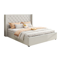 Veronica Bed Frame King Size Winged Grey Linen Fabric Seam Grid Pattern with gas lift plywood metal structure