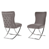 2x Dining Chairs Grey Fabric Upholstery Quilting Silver Colour Legs