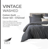 100% Cotton Vintage Washed Bed Quilt Cover Set - Charcoal - Single
