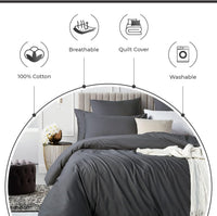 100% Cotton Vintage Washed Bed Quilt Cover Set - Charcoal - Single