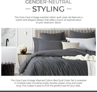 100% Cotton Vintage Washed Bed Quilt Cover Set - Charcoal - Single