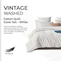 100% Cotton Vintage Washed Bed Quilt Cover Set - White - Single