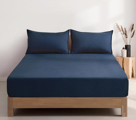 100% Vintage Washed Microfibre Fitted Sheet Set – Ultra Soft & Lightweight All-Season Fitted Sheet with 2 Pillowcases (Nav...