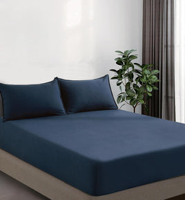 100% Vintage Washed Microfibre Fitted Sheet Set – Ultra Soft & Lightweight All-Season Fitted Sheet with 2 Pillowcases (Nav...