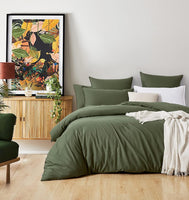 100%  Cotton Vintage Washed Bed Quilt Cover Set - Khaki Green - Queen Size