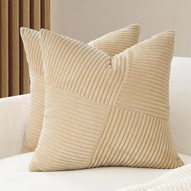 Corduroy Cushion Covers - Soft Velvet Fabric with Windmill-Inspired Pattern and Hidden Zipper Design - Beige, 45cm x 45cm ...
