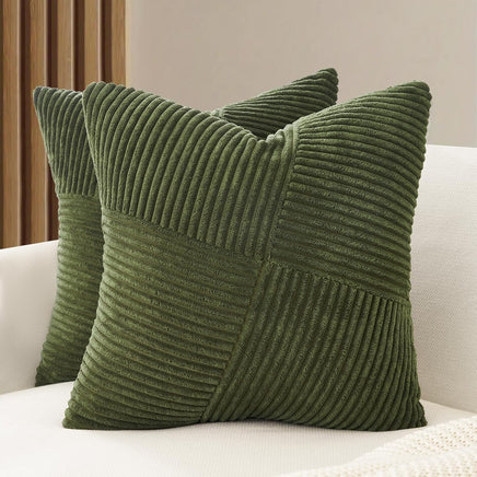 Corduroy Cushion Covers - Soft Velvet Fabric with Windmill-Inspired Pattern and Hidden Zipper Design - Olive Green, 45cm x...