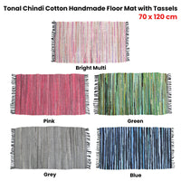 Tonal Chindi Cotton Handmade Floor Mat with Tassels 70 x 120 cm Green