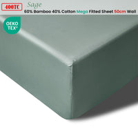 Accessorize 400TC Sage Bamboo Cotton Mega / Super Fitted Sheet 50cm Wall Queen